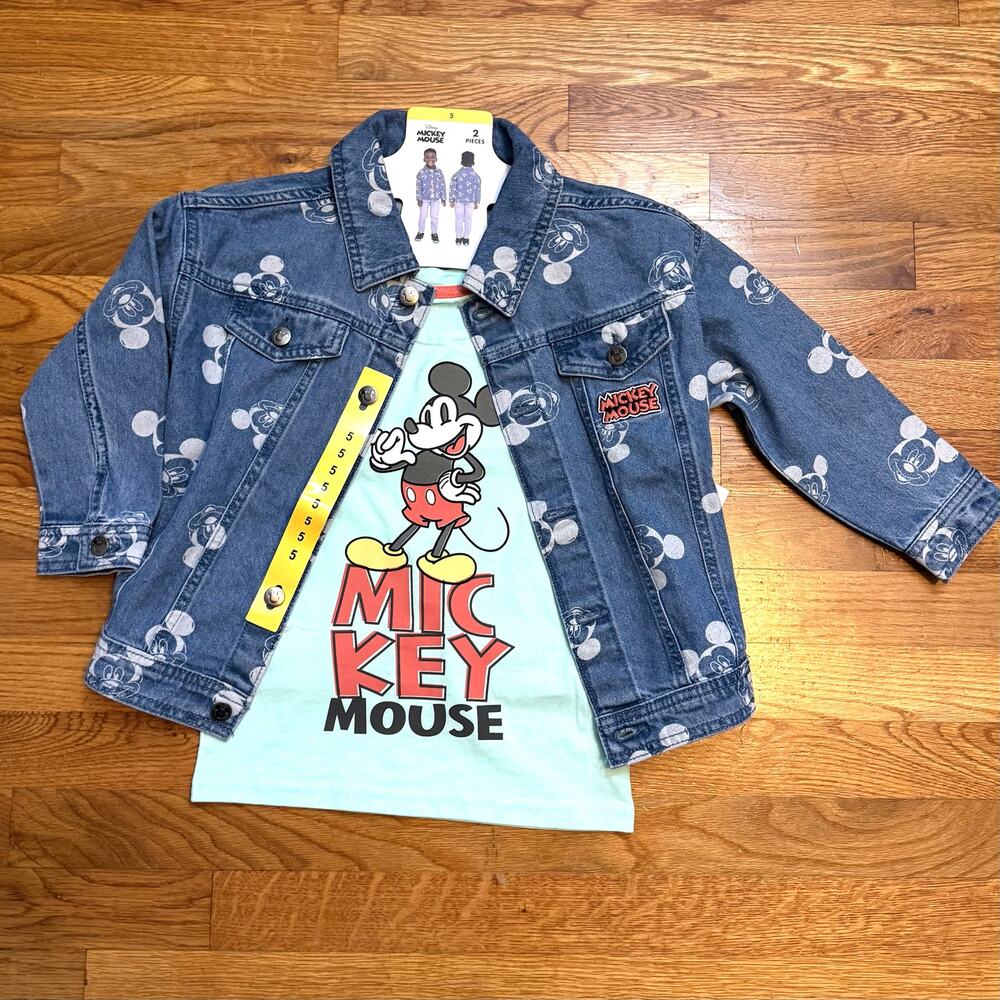 Disney Mickey Mouse Kid Boys 5 Blue Printed Denim Jacket T-shirt 2-piece Set New